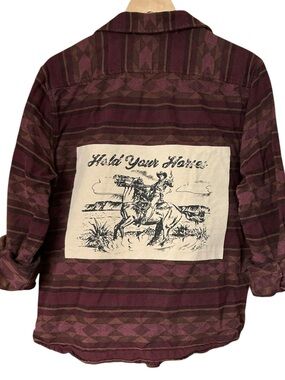 Western Upcycled Hold Your Horses Cowboy T Shirt Flannel Top Rodeo Southwestern